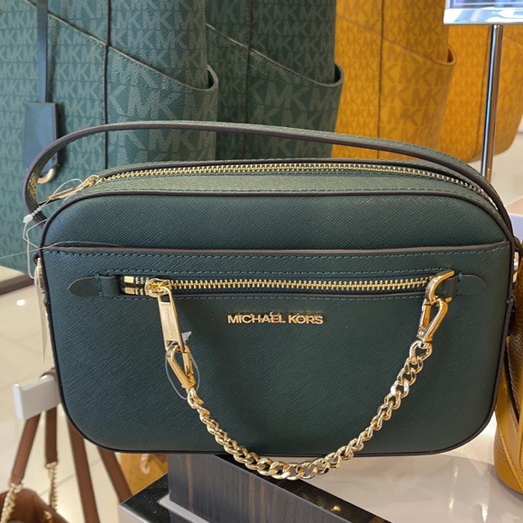 Michael Kors Jet Set Item Large East West Zip Chain Racing Green Crossbody Bag - Picture 9 of 11